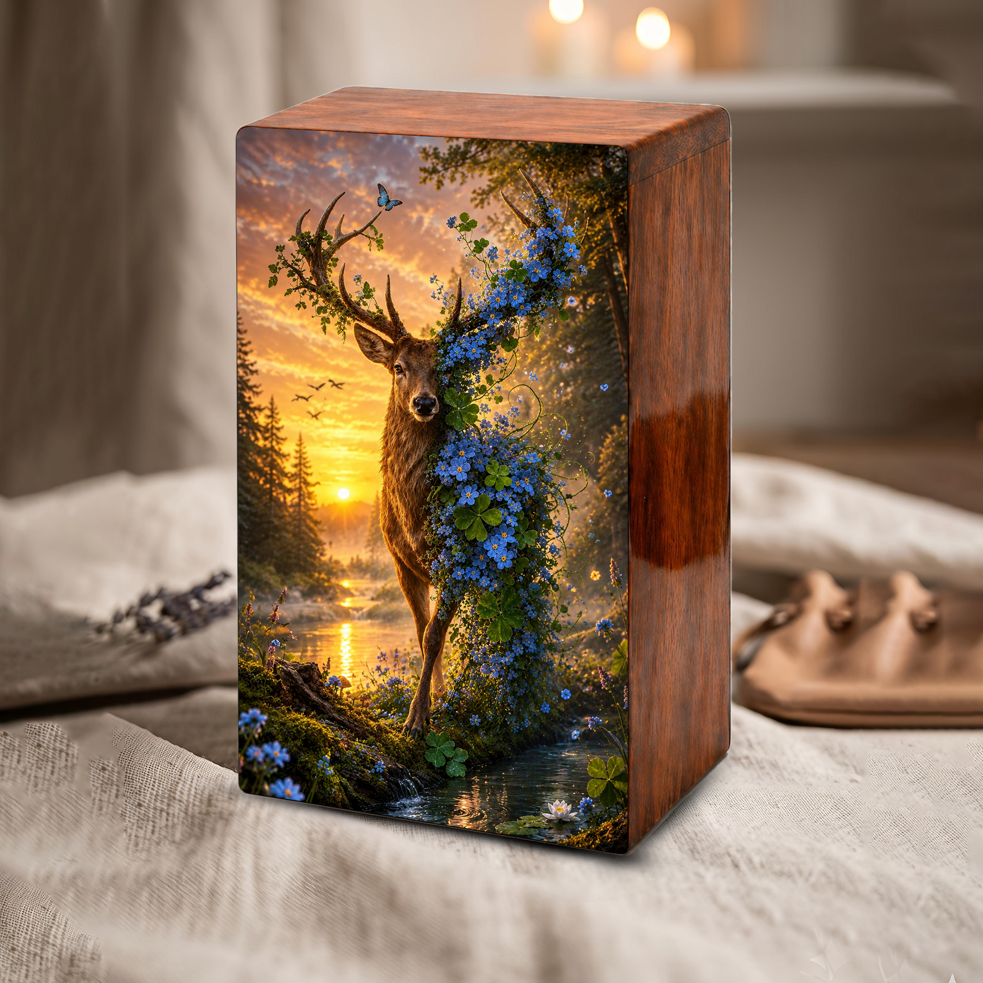 Deer Cremation Urn For Human Ashes - Floral Elk Memorial Mini Keepsake for Remains