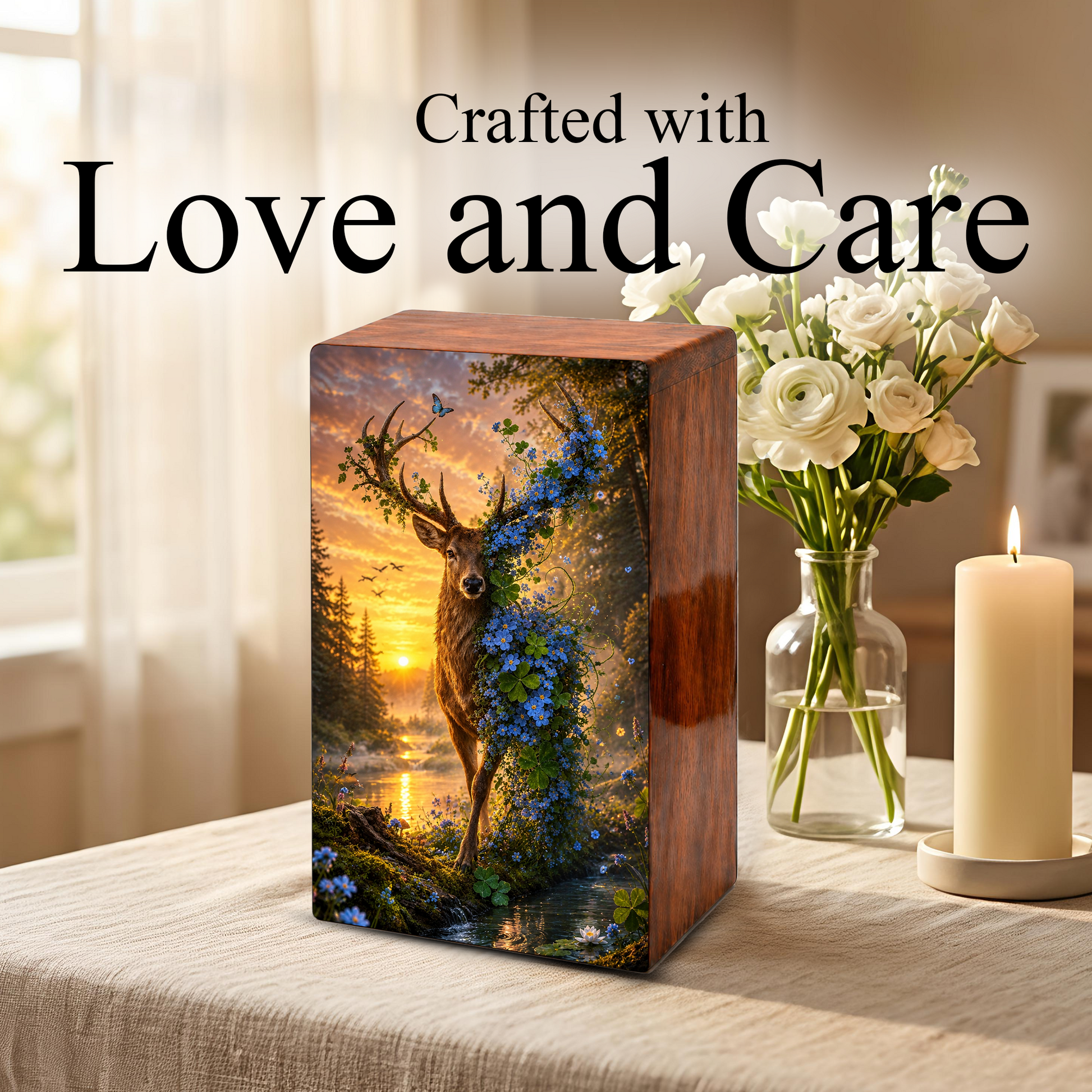 Deer Cremation Urn For Human Ashes - Floral Elk Memorial Mini Keepsake for Remains