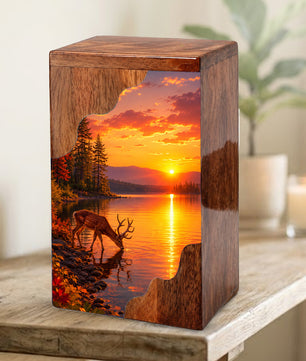 Personalized Deer Lake Wooden Cremation Urn – Peaceful Sunset Wildlife Memorial Urn | Wooden Urn for Human Ashes