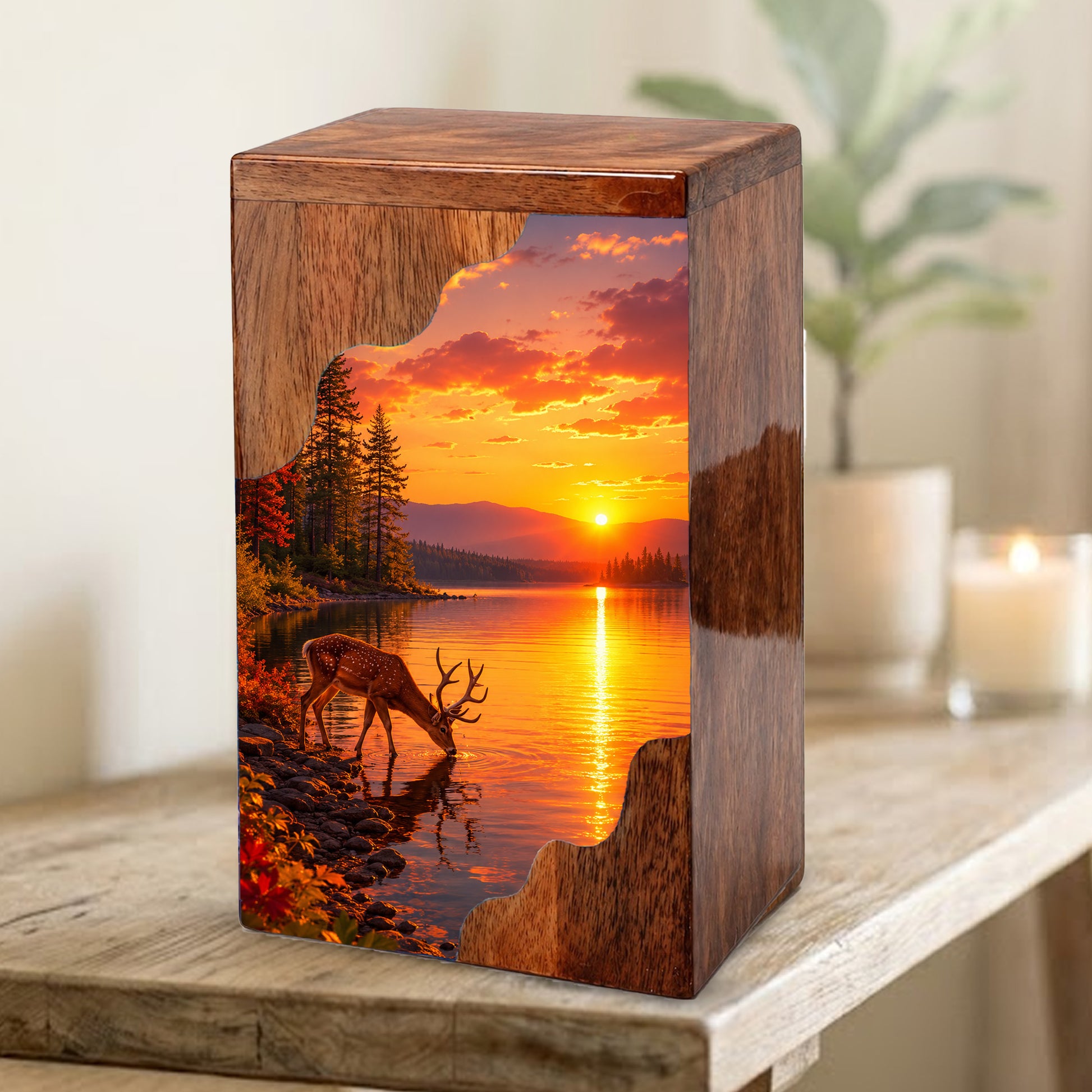 Personalized Deer Lake Wooden Cremation Urn – Peaceful Sunset Wildlife Memorial Urn | Wooden Urn for Human Ashes