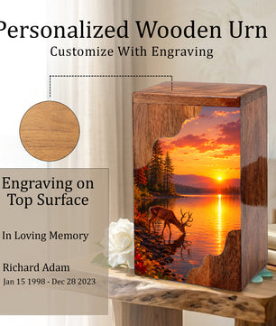 Personalized Deer Lake Wooden Cremation Urn – Peaceful Sunset Wildlife Memorial Urn | Wooden Urn for Human Ashes