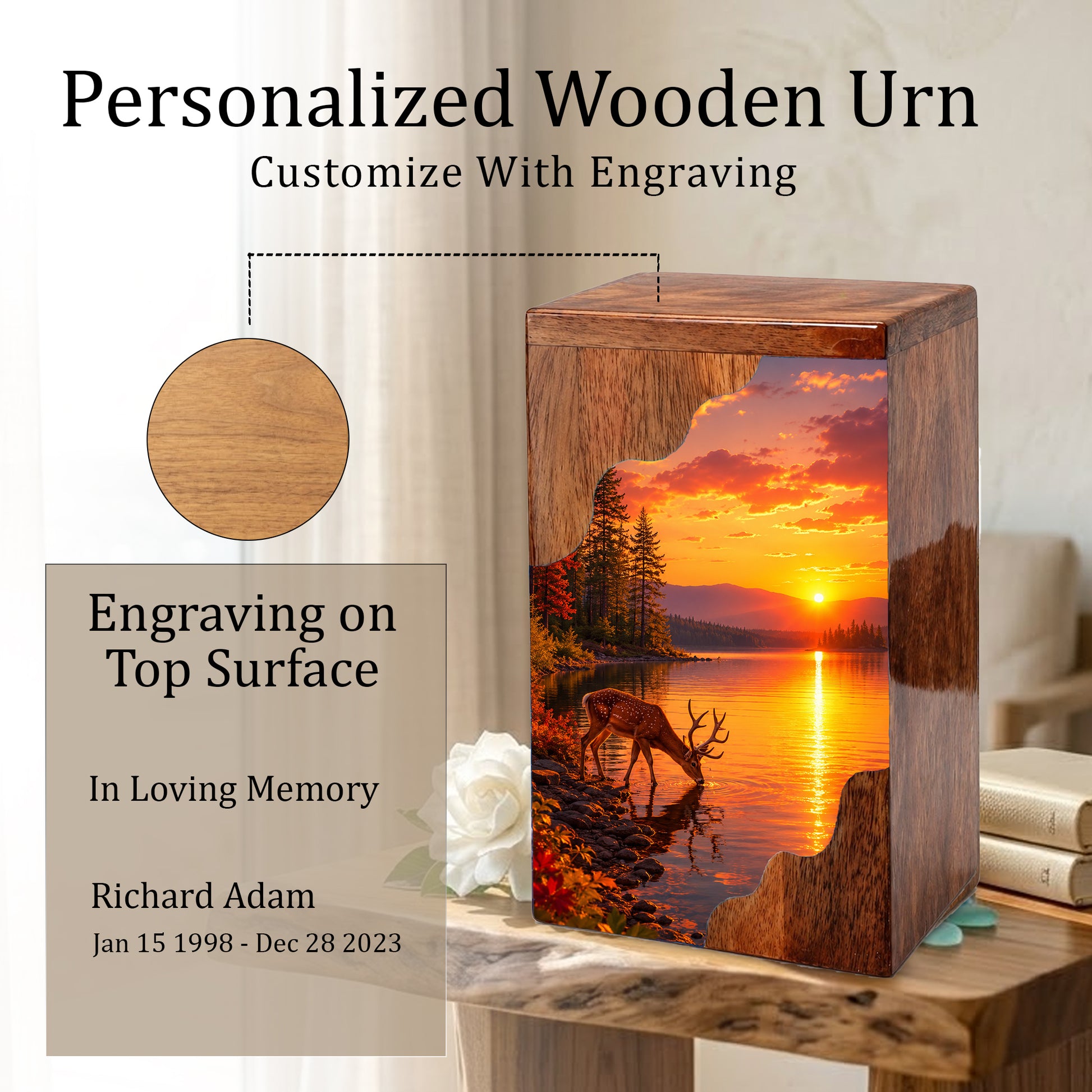 Personalized Deer Lake Wooden Cremation Urn – Peaceful Sunset Wildlife Memorial Urn | Wooden Urn for Human Ashes