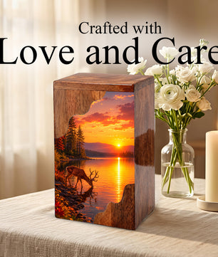 Personalized Deer Lake Wooden Cremation Urn – Peaceful Sunset Wildlife Memorial Urn | Wooden Urn for Human Ashes