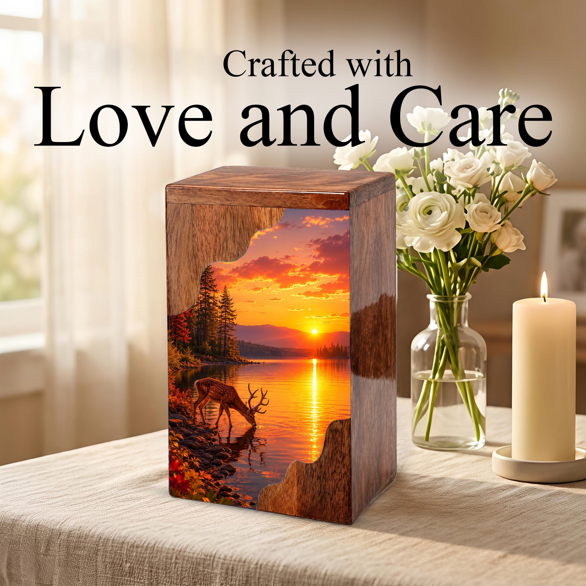 Personalized Deer Lake Wooden Cremation Urn – Peaceful Sunset Wildlife Memorial Urn | Wooden Urn for Human Ashes