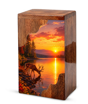 Personalized Deer Lake Wooden Cremation Urn – Peaceful Sunset Wildlife Memorial Urn | Wooden Urn for Human Ashes