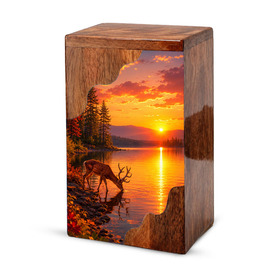 Personalized Deer Lake Wooden Cremation Urn – Peaceful Sunset Wildlife Memorial Urn | Wooden Urn for Human Ashes