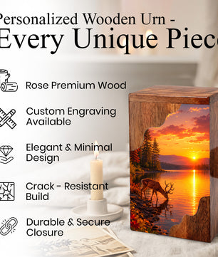 Personalized Deer Lake Wooden Cremation Urn – Peaceful Sunset Wildlife Memorial Urn | Wooden Urn for Human Ashes