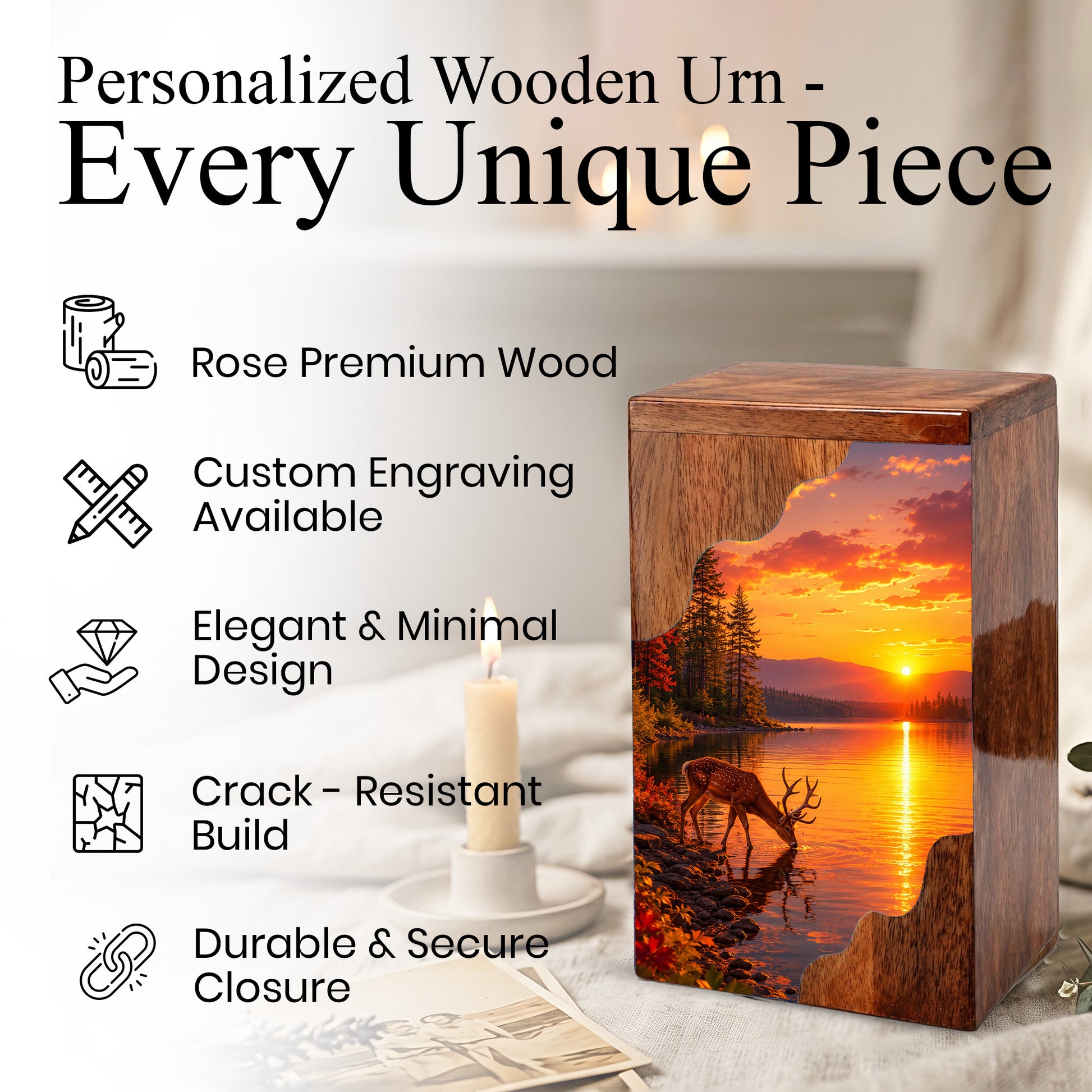 Personalized Deer Lake Wooden Cremation Urn – Peaceful Sunset Wildlife Memorial Urn | Wooden Urn for Human Ashes