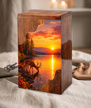 Personalized Deer Lake Wooden Cremation Urn – Peaceful Sunset Wildlife Memorial Urn | Wooden Urn for Human Ashes