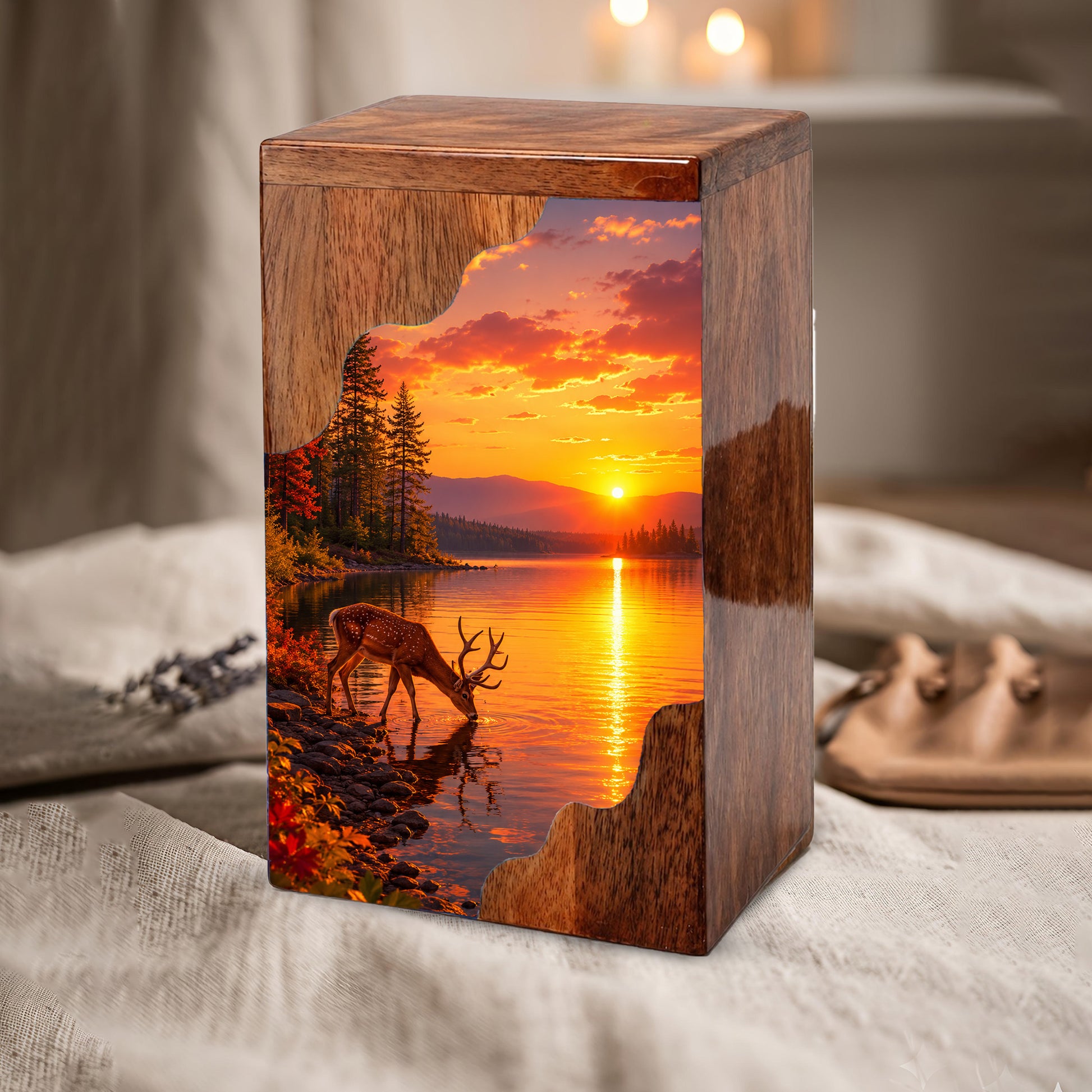 Personalized Deer Lake Wooden Cremation Urn – Peaceful Sunset Wildlife Memorial Urn | Wooden Urn for Human Ashes