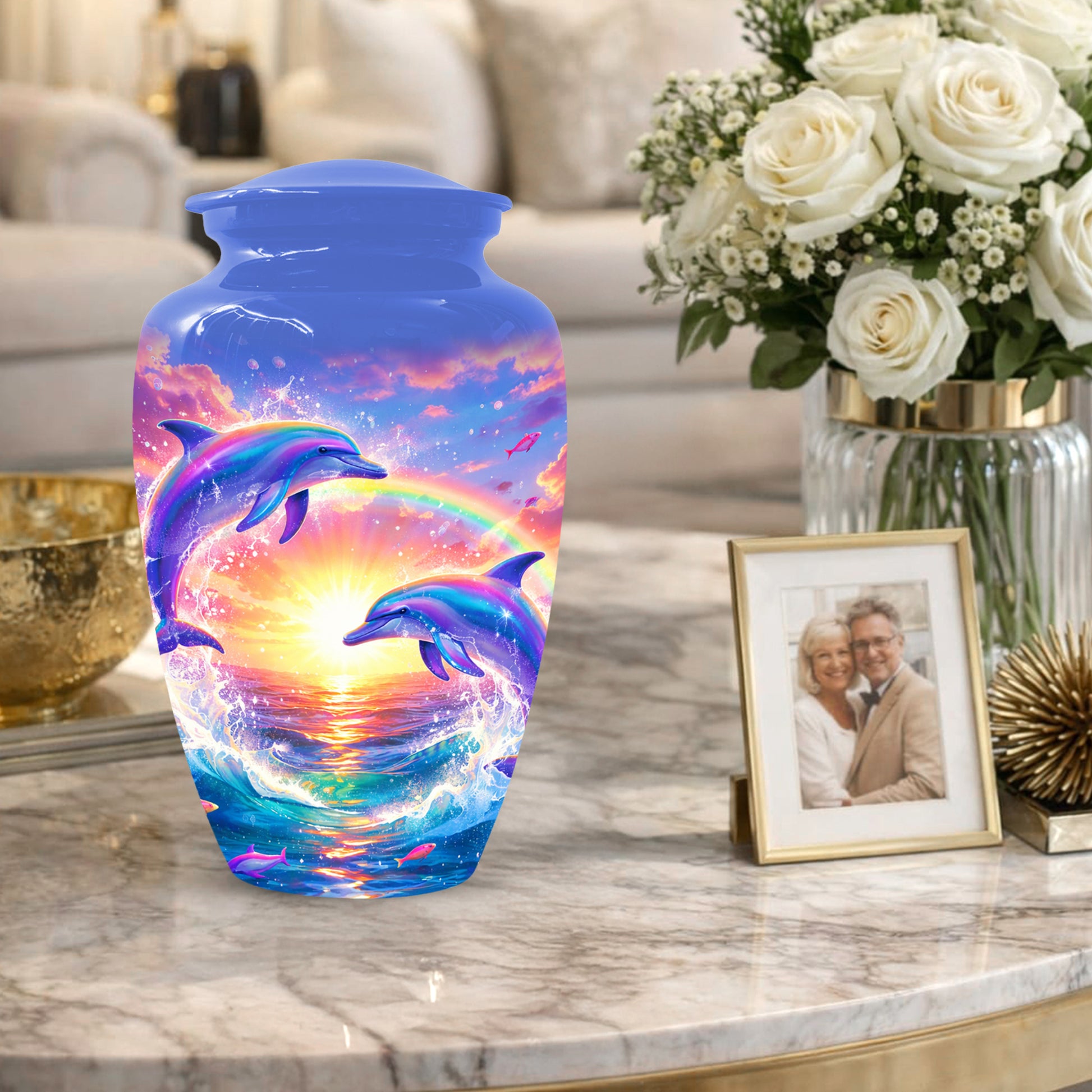 Dolphin Sunset Urn for Mom or Dad -  Beautiful Ocean Cremation Urns for Women & Men