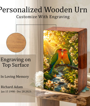 Love Bird Couple Cremation Urn – Companion Memorial Wooden Box for Ashes