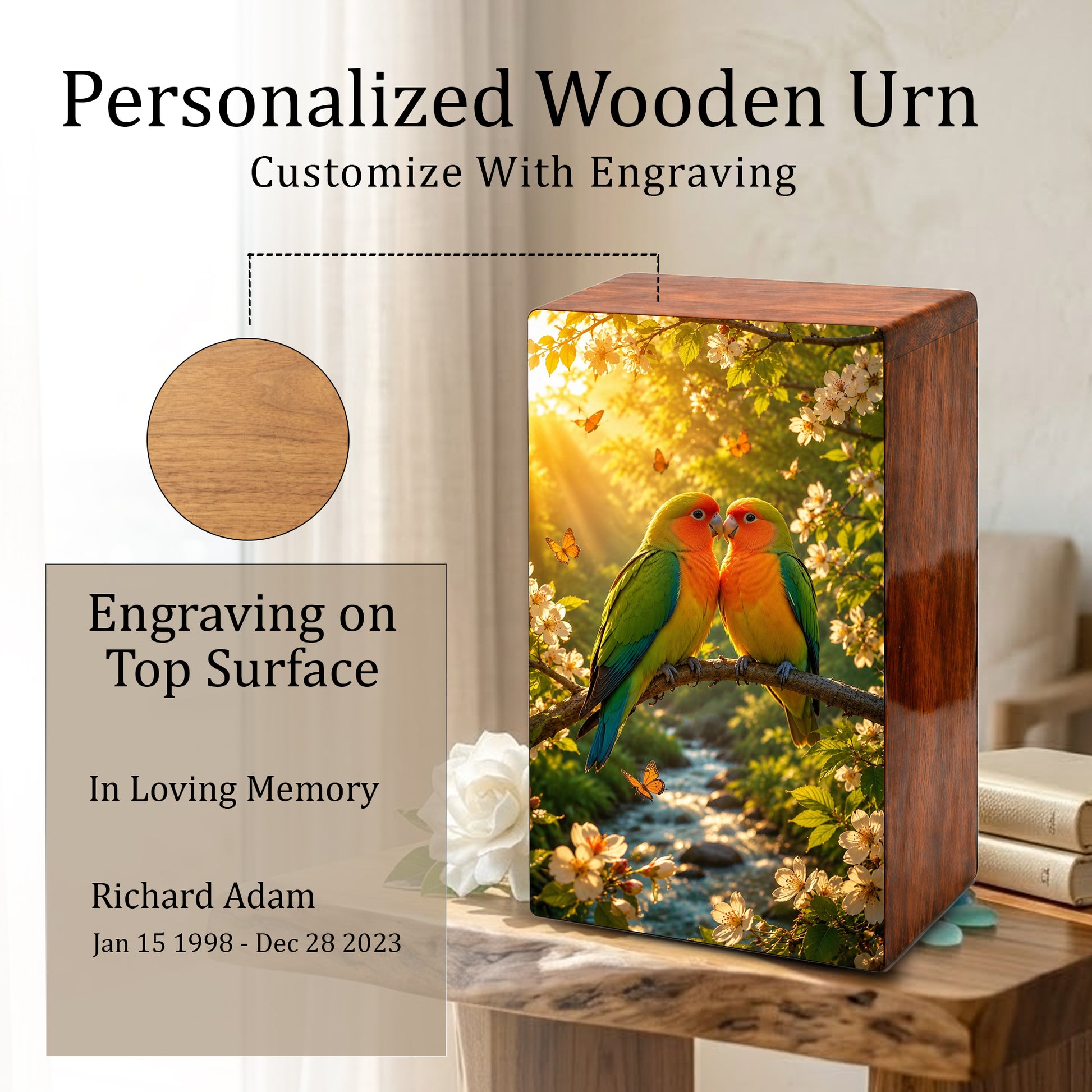 Love Bird Couple Cremation Urn – Companion Memorial Wooden Box for Ashes