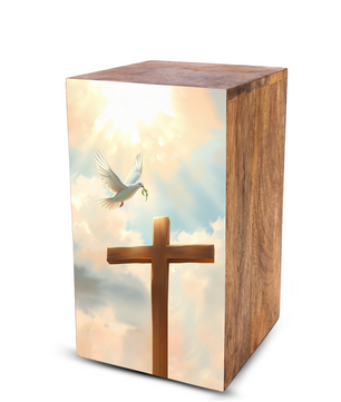 Dove Cross Urn For Ashes - Religious Wooden Cremation Urn Box