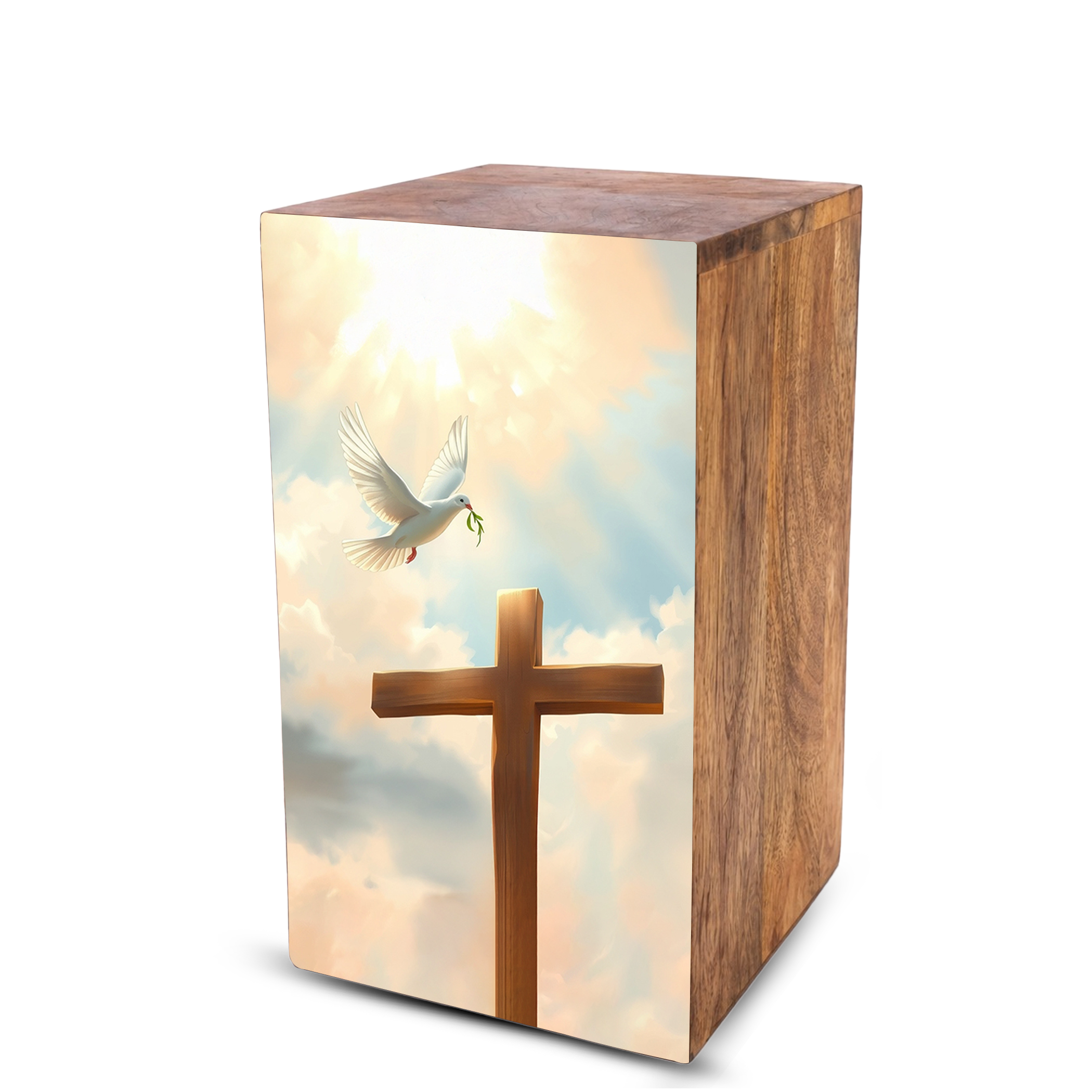 Dove Cross Urn For Ashes - Religious Wooden Cremation Urn Box