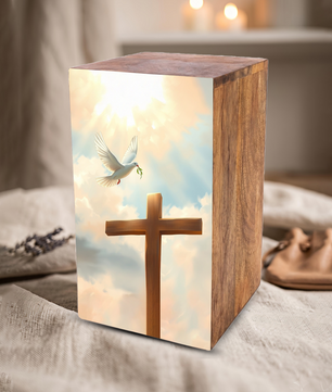 Dove Cross Urn For Ashes - Religious Wooden Cremation Urn Box
