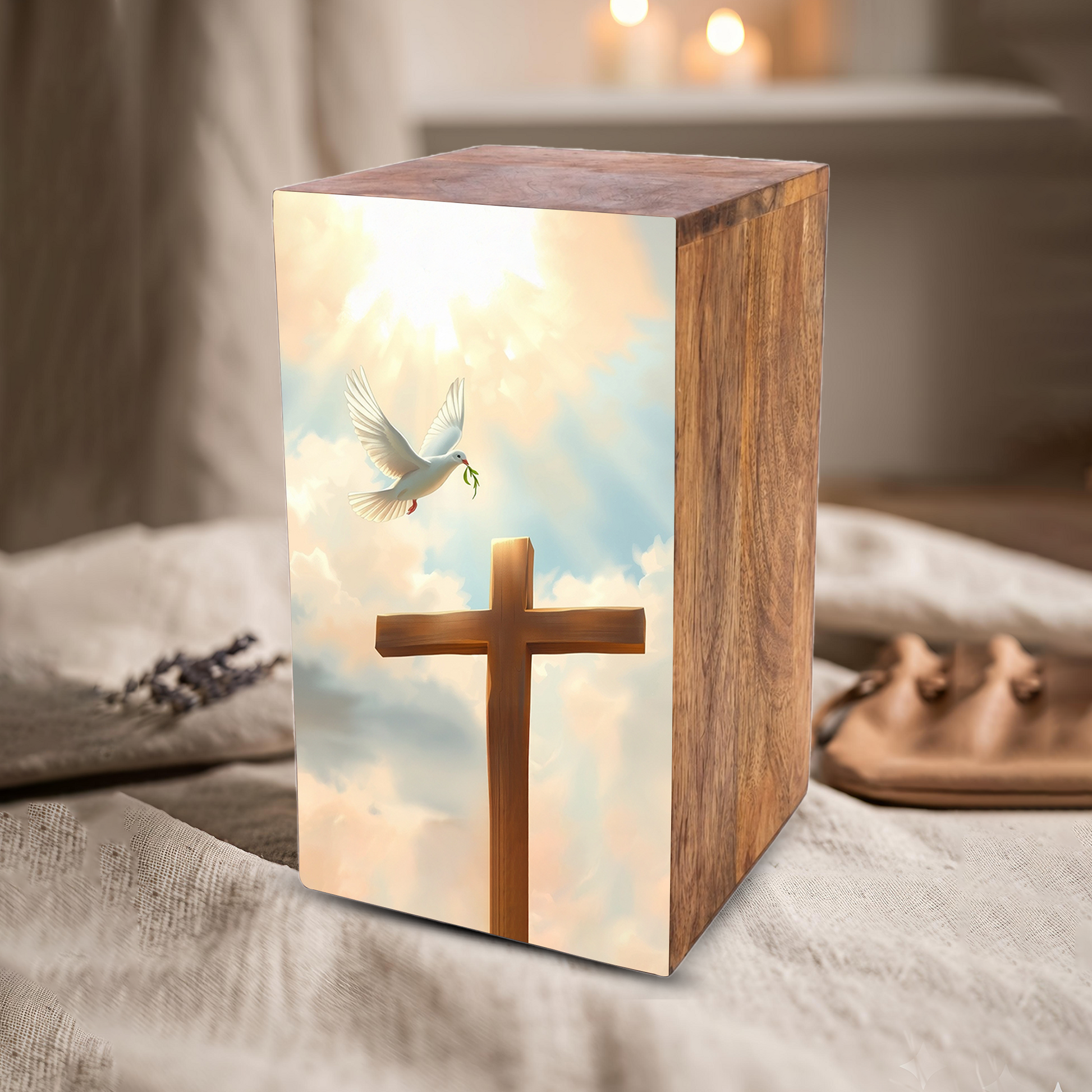 Dove Cross Urn For Ashes - Religious Wooden Cremation Urn Box