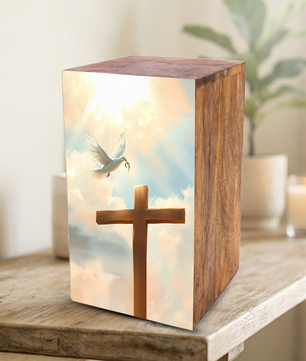 Dove Cross Urn For Ashes - Religious Wooden Cremation Urn Box