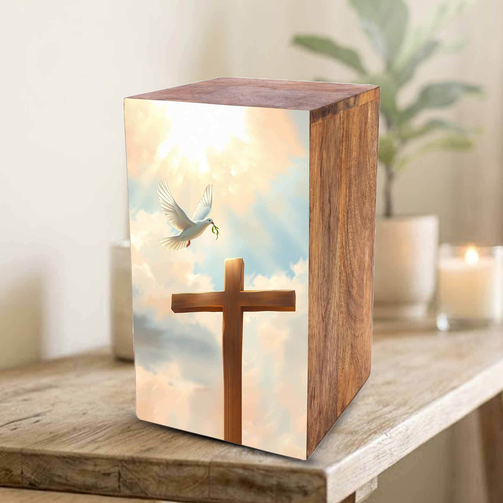 Dove Cross Urn For Ashes - Religious Wooden Cremation Urn Box