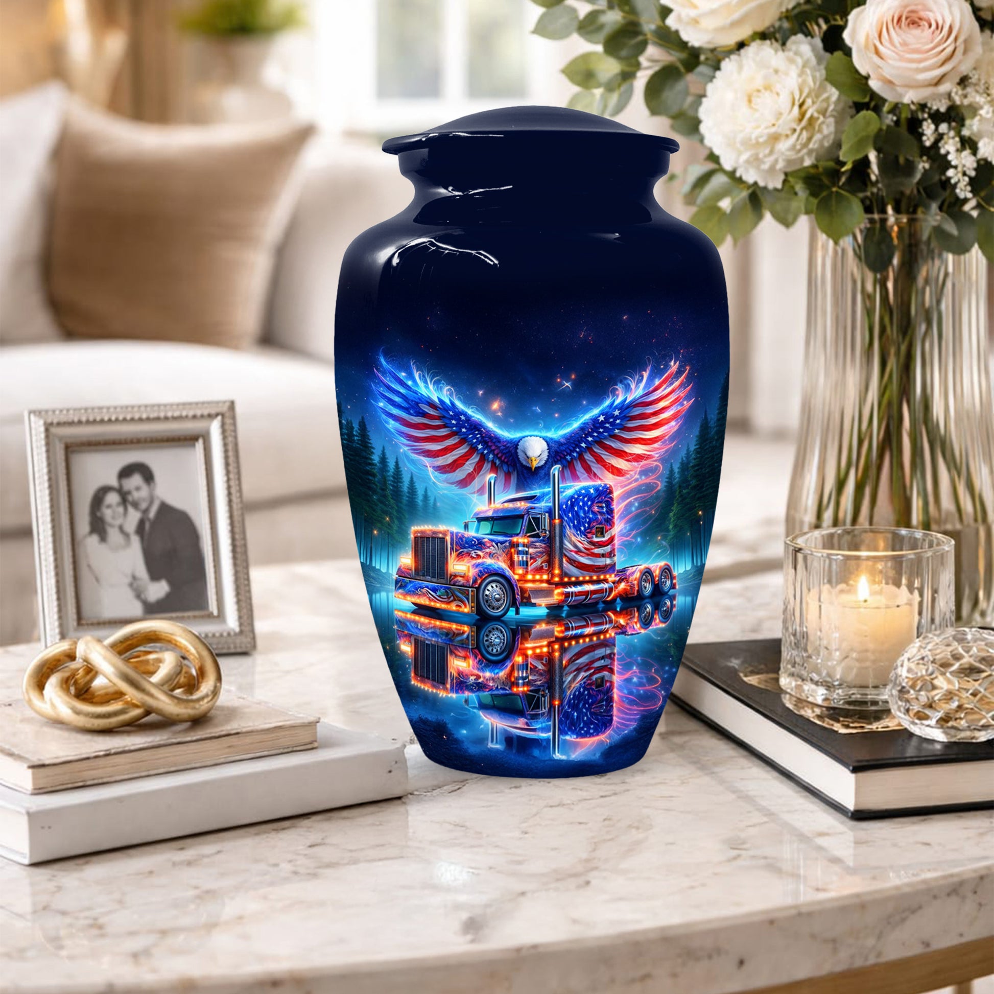 Patriotic Eagle Truck Urn for Dad | Personalized Memorial Cremation Urns for Men