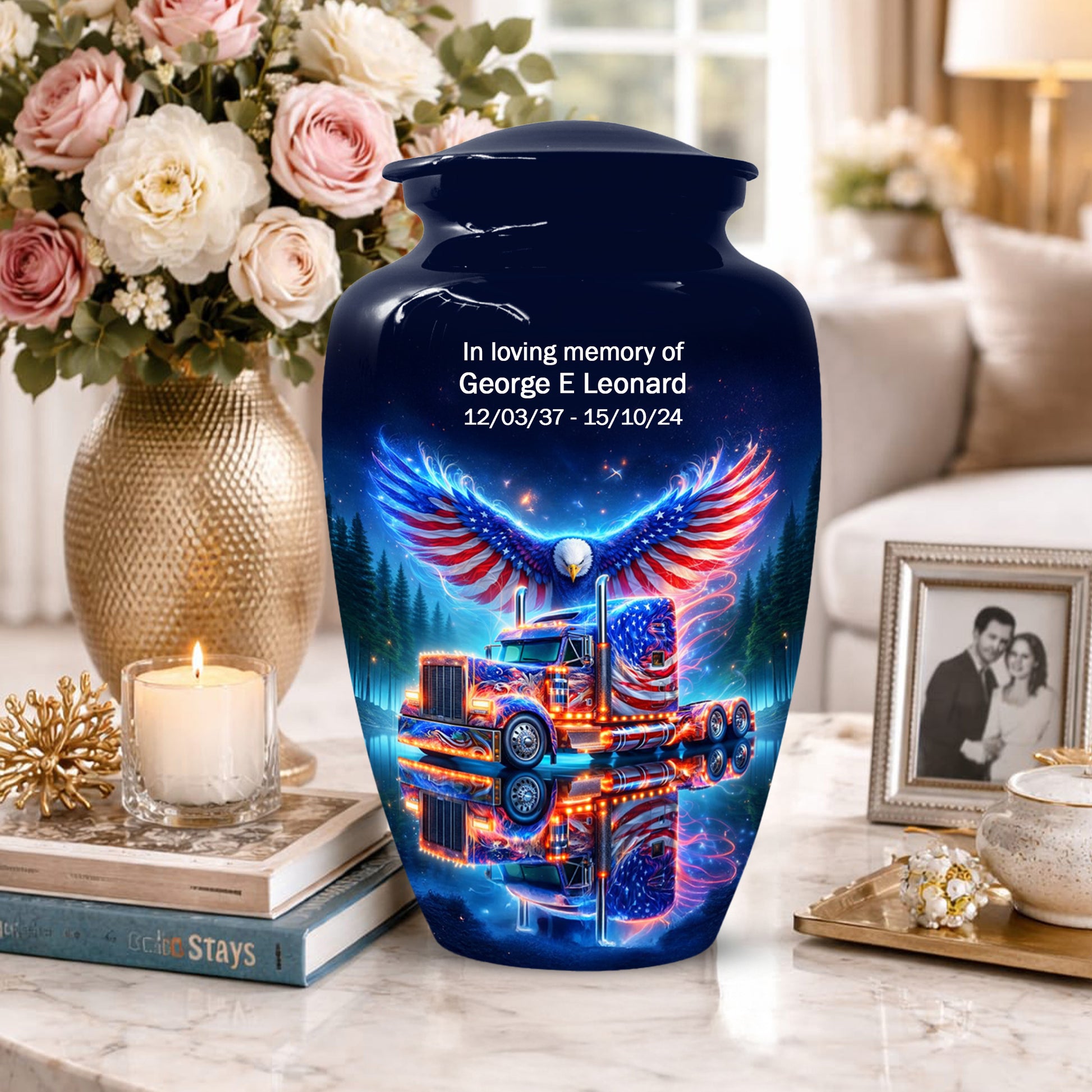 Patriotic Eagle Truck Urn for Dad | Personalized Memorial Cremation Urns for Men
