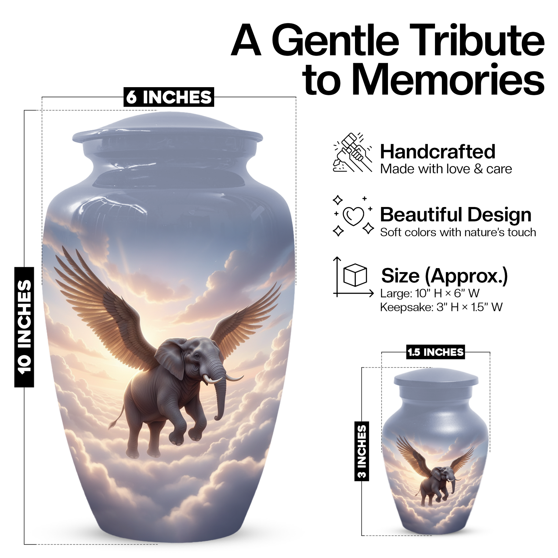 Personalized Angel Elephant Cremation Urn for Ashes – Heavenly Elephant Memorial Urn for Mom & Dad