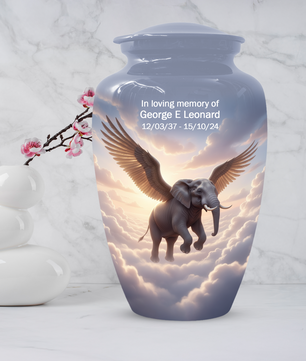 Personalized Angel Elephant Cremation Urn for Ashes – Heavenly Elephant Memorial Urn for Mom & Dad