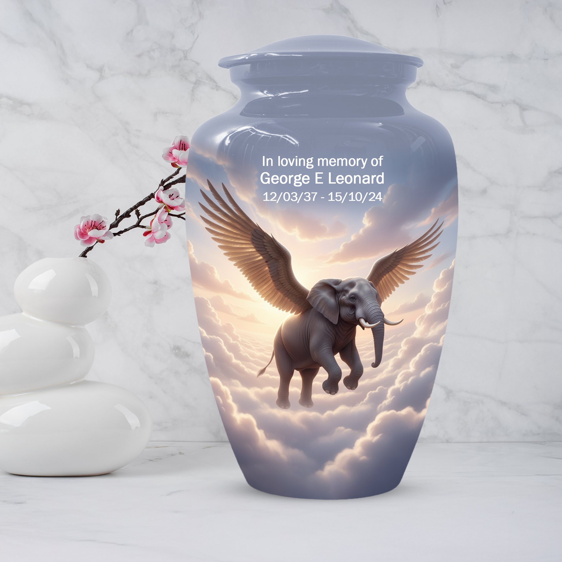 Personalized Angel Elephant Cremation Urn for Ashes – Heavenly Elephant Memorial Urn for Mom & Dad