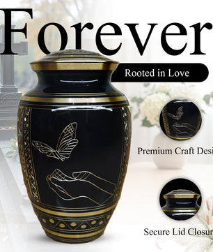 Butterfly Urn For Ashes - Black and Gold Commemorative Brass Burial Urns (10", 200CU)
