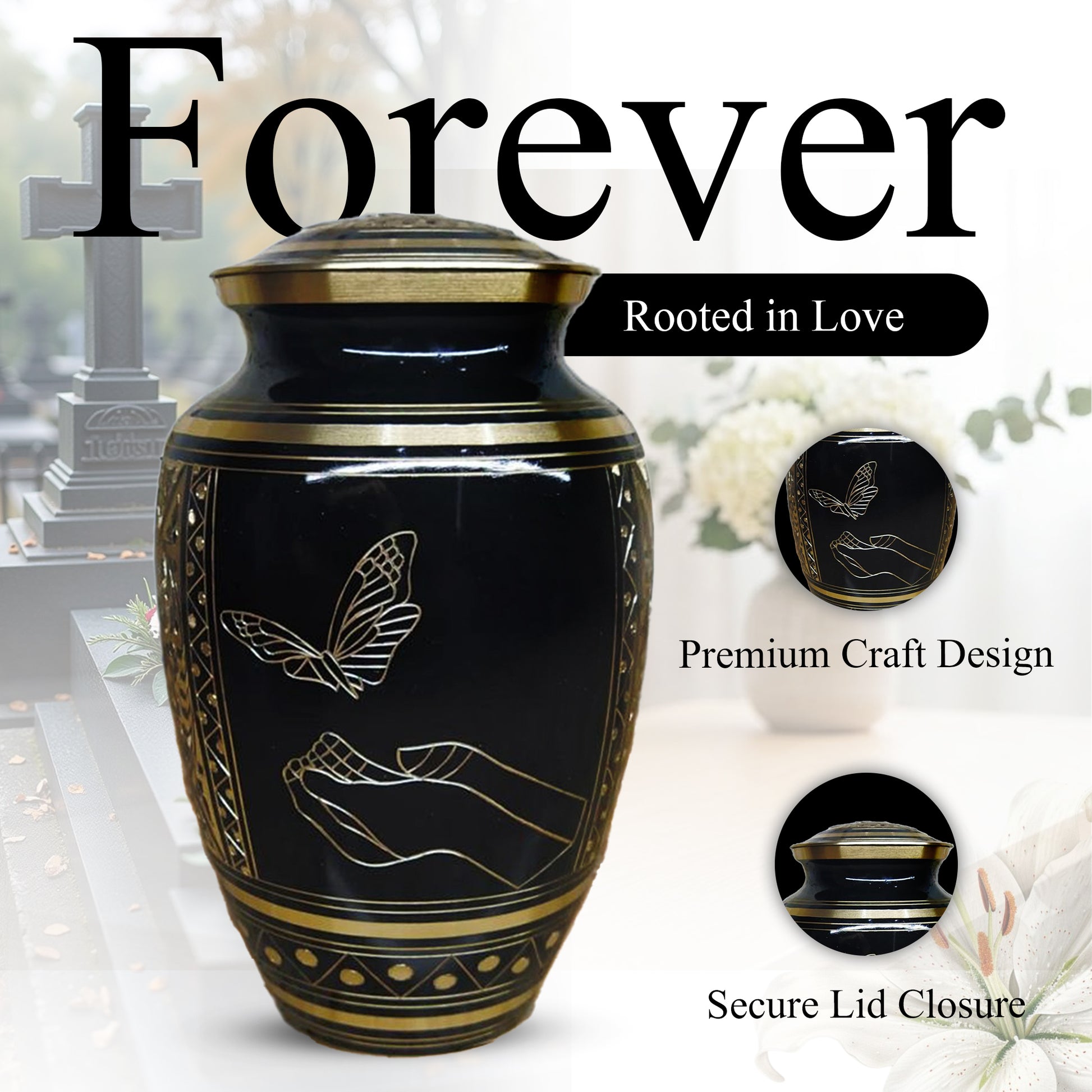 Butterfly Urn For Ashes - Black and Gold Commemorative Brass Burial Urns (10", 200CU)