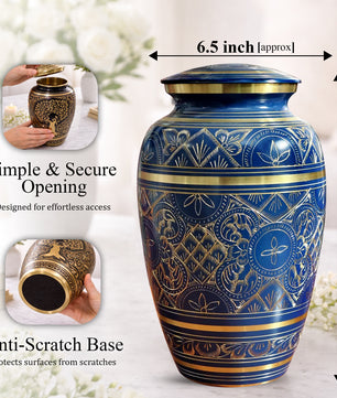 Blue Cremation Urn For Human Ashes - Brass Burial Large Urns (10", 200CU)