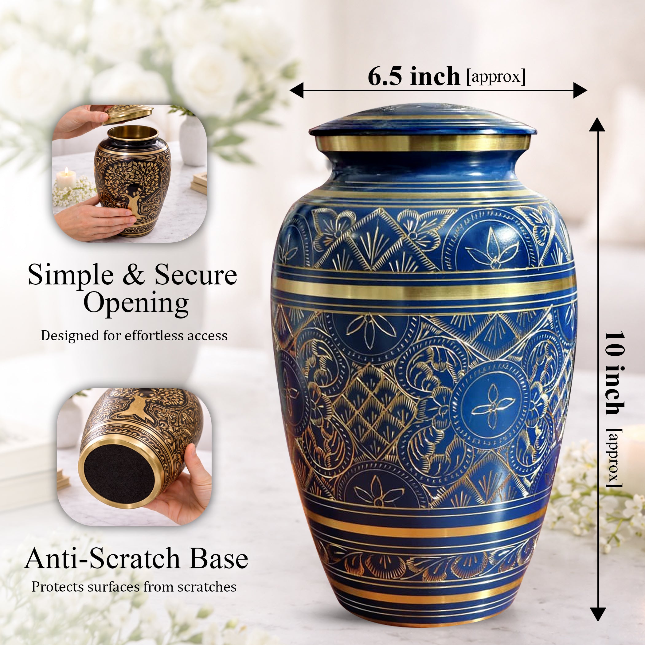Blue Cremation Urn For Human Ashes - Brass Burial Large Urns (10", 200CU)