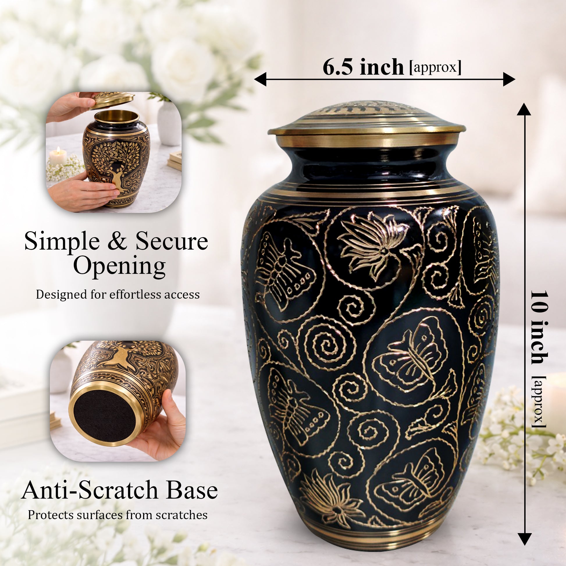 Butterfly Brass Urn for Adults – Flower Engraved Burial Urns For Human Ashes