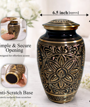Flower Ground Burial Urns For Ashes - Hand Engraved Floral Brass Urn For Cremation
