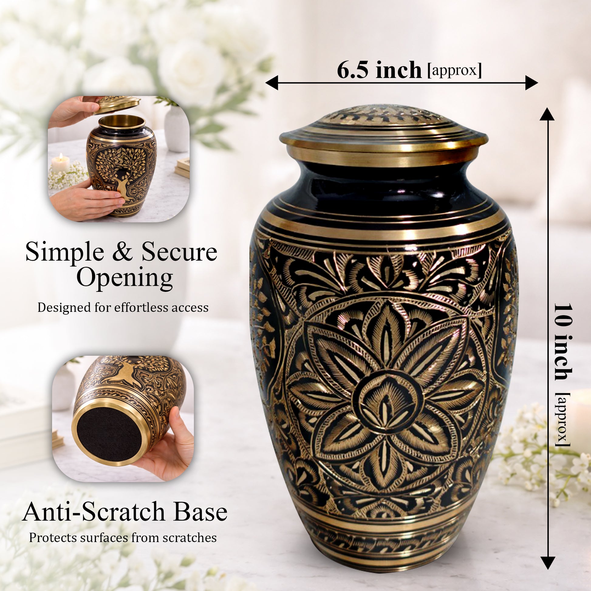 Flower Ground Burial Urns For Ashes - Hand Engraved Floral Brass Urn For Cremation