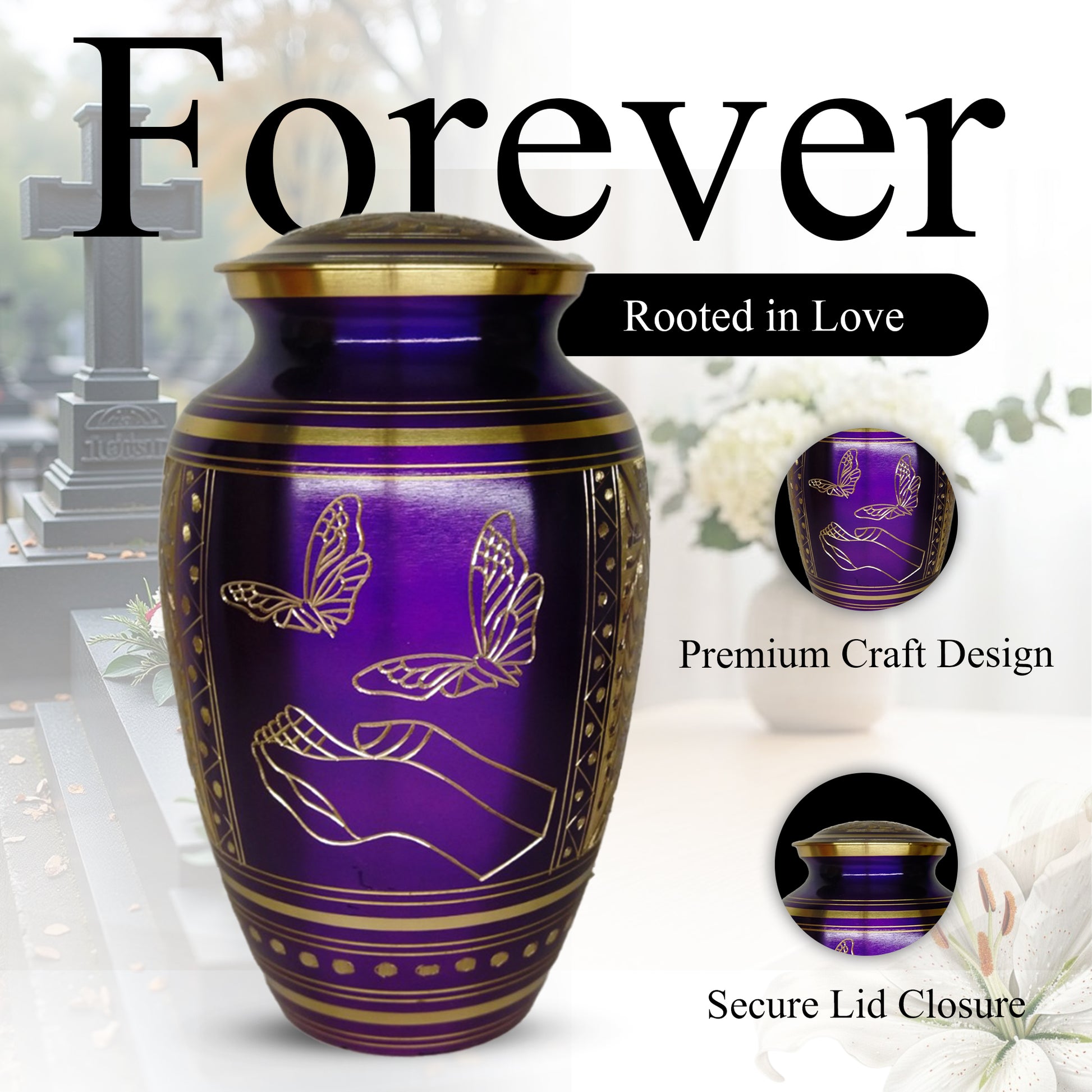Purple Butterfly Engraved Urn For Ashes - Commemorative Brass Burial Urns (10", 200CU)