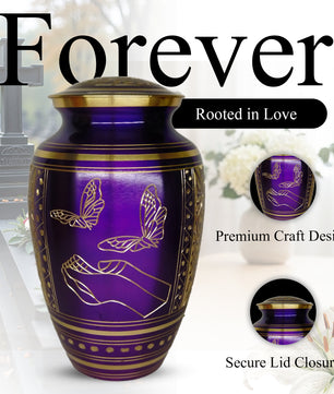 Purple Butterfly Engraved Urn For Ashes - Commemorative Brass Burial Urns (10", 200CU)