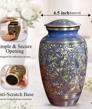 Blue Flower Urn For Human Ashes - Engraved Floral Brass Burial Urns (200 CU)