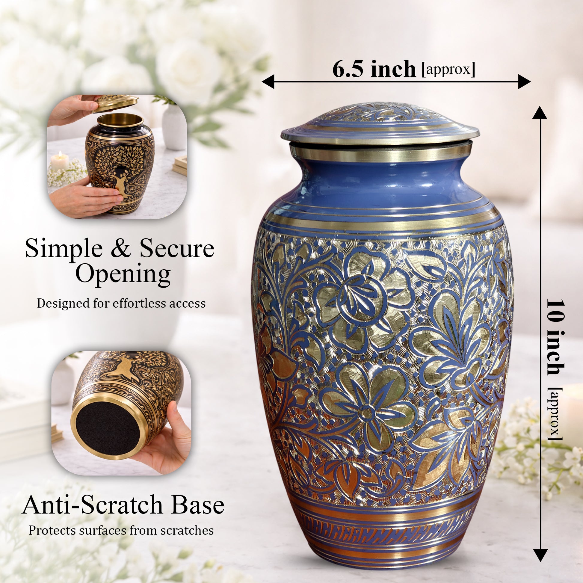 Blue Flower Urn For Human Ashes - Engraved Floral Brass Burial Urns (200 CU)