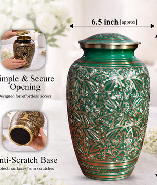 Green Burial Urn For Human Ashes - Hand Engraved Floral Brass Urns (200 CU)