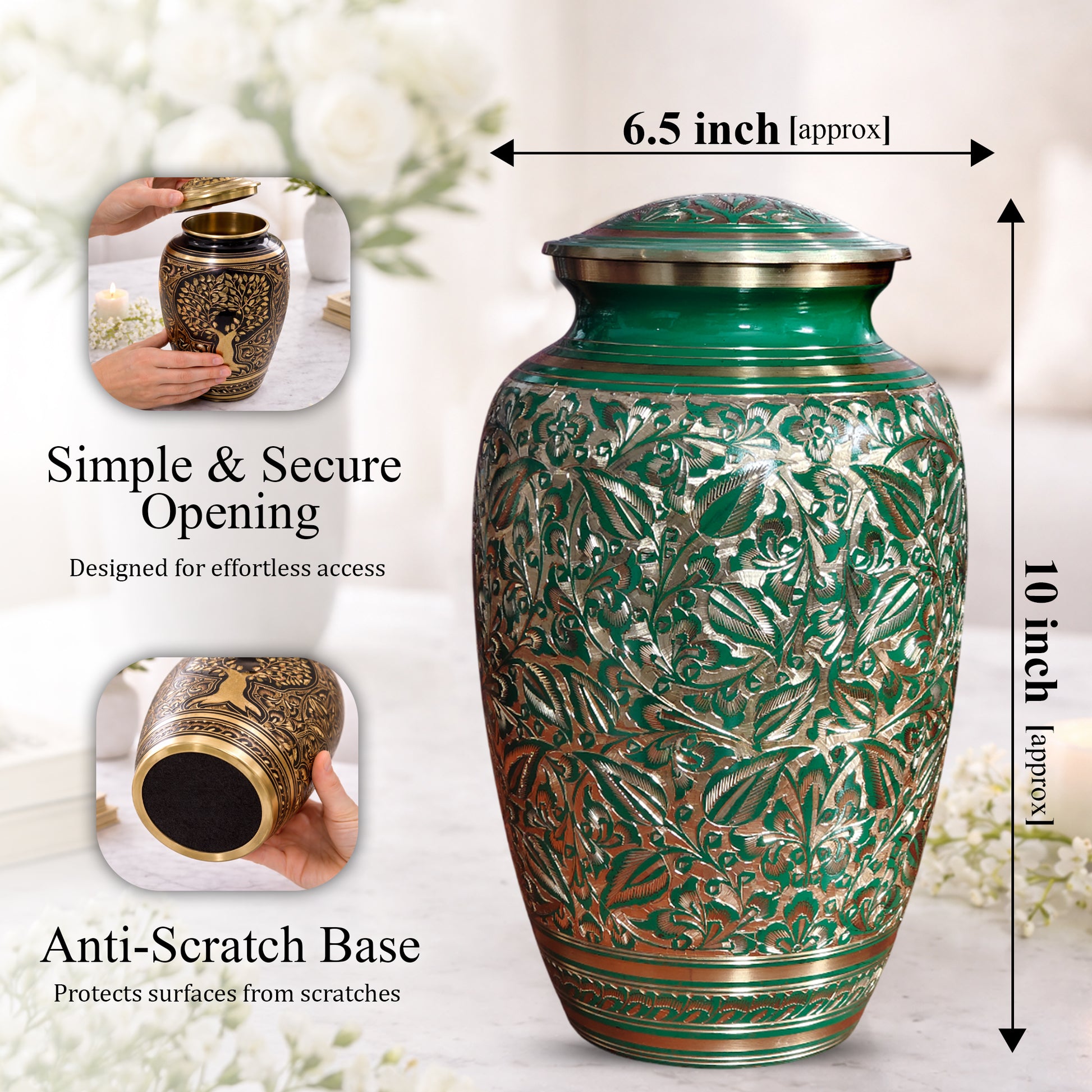 Green Burial Urn For Human Ashes - Hand Engraved Floral Brass Urns (200 CU)