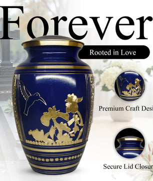 Hummingbird Brass Urn For Ashes - Blue Humming Bird Burial Urns (10", 200CU)