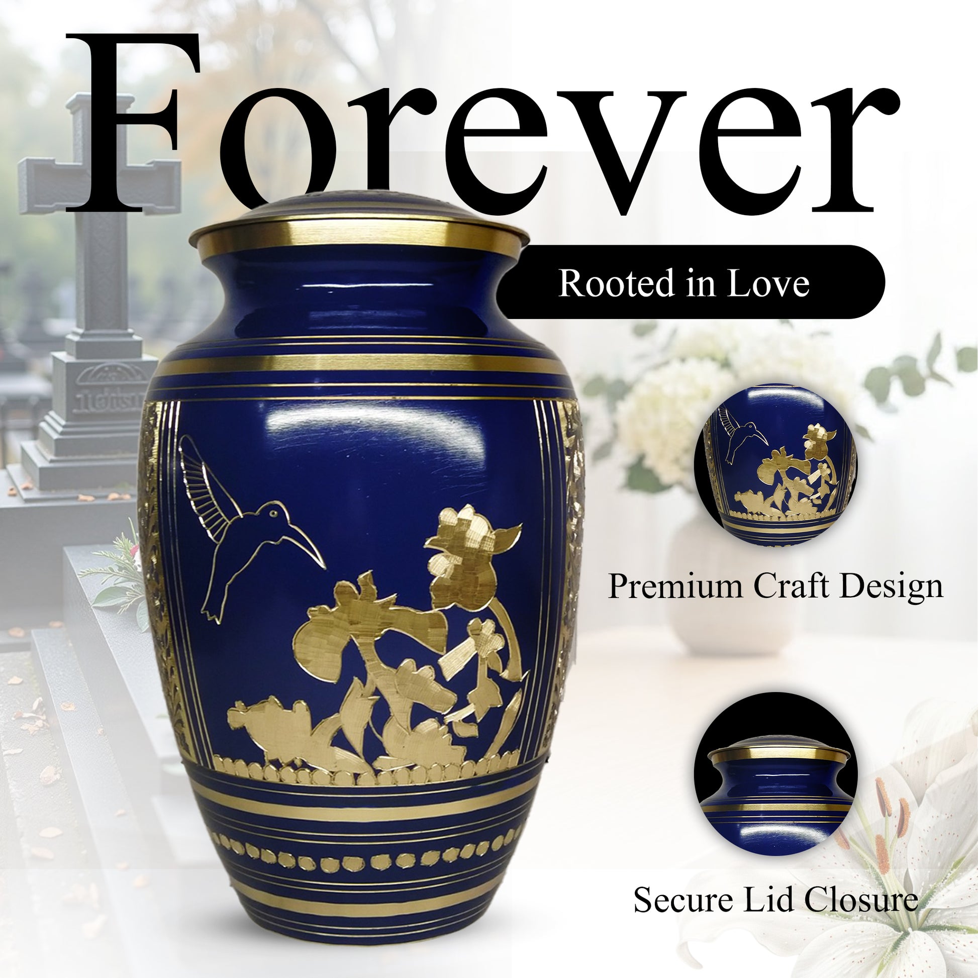 Hummingbird Brass Urn For Ashes - Blue Humming Bird Burial Urns (10", 200CU)