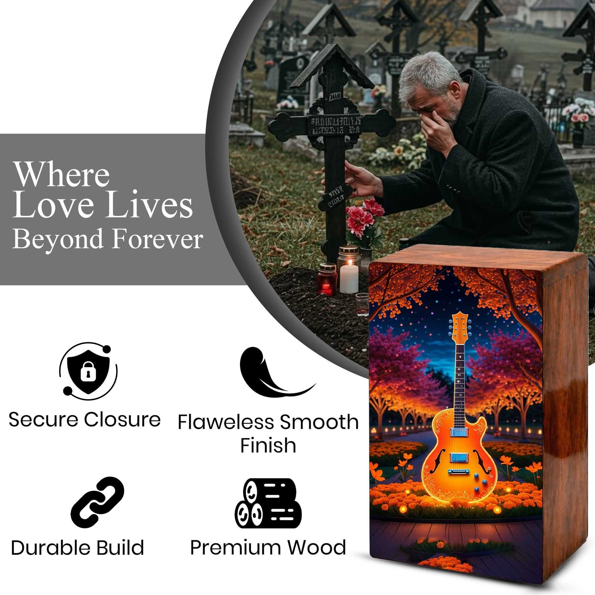 Guitar Wooden Urn for Ashes - Music Funeral Cremation Urn Box
