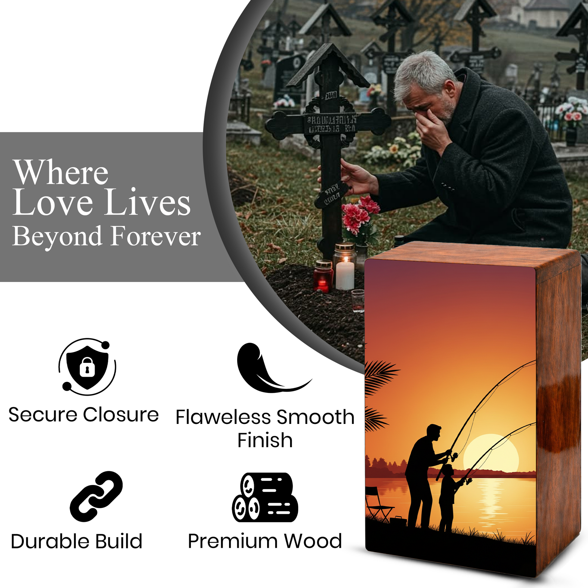Father Son Fishing Wooden Cremation Urn - Sunset Memorial Urn for Dad