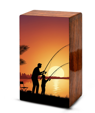 Father Son Fishing Wooden Cremation Urn - Sunset Memorial Urn for Dad