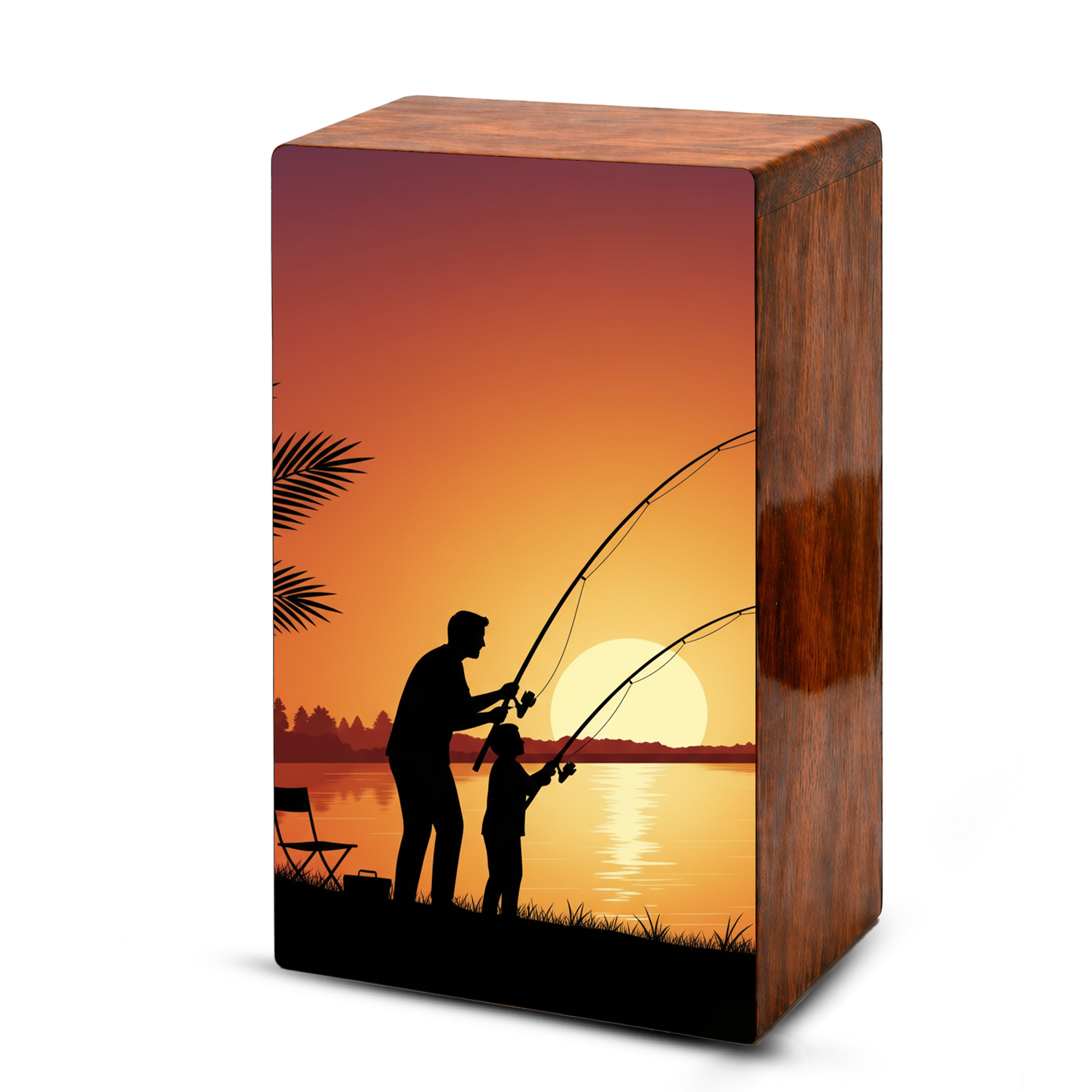 Father Son Fishing Wooden Cremation Urn - Sunset Memorial Urn for Dad
