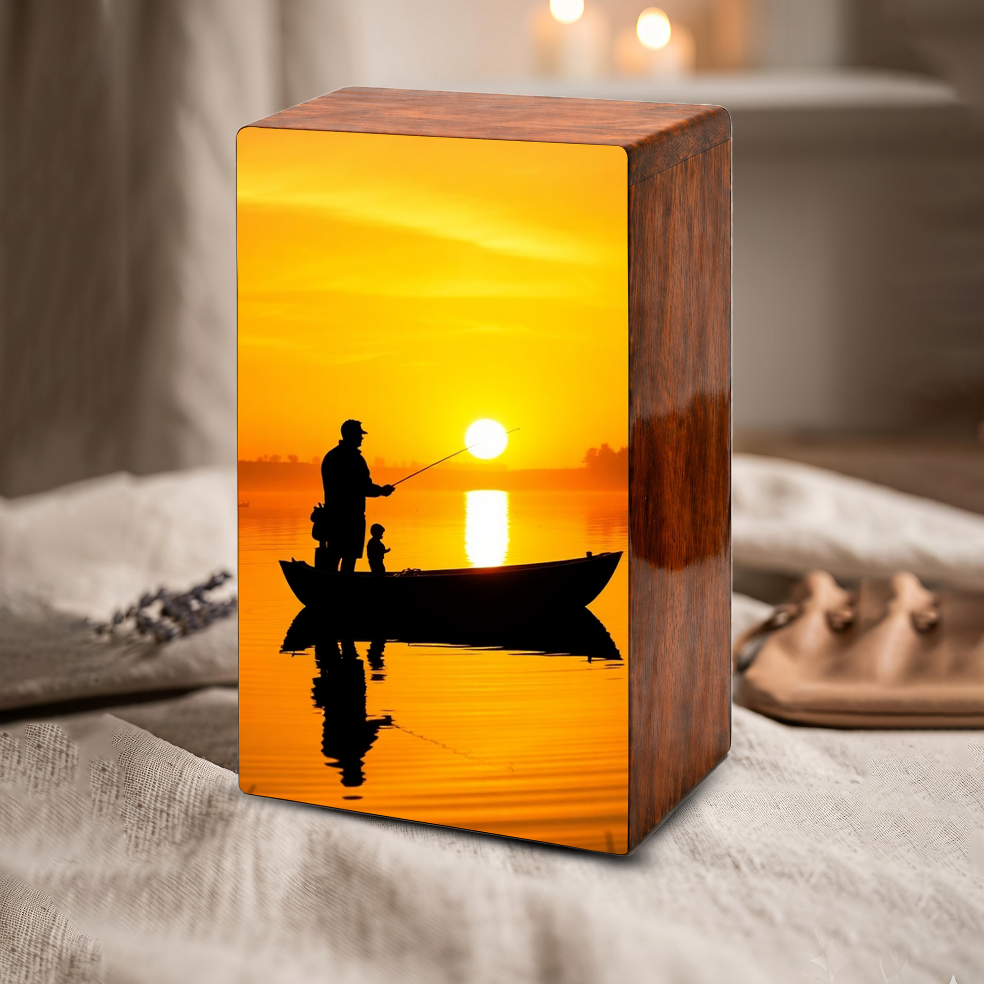 Sunset Fishing Urn for Ashes, Gone Fishing Memorial Keepsake Urns