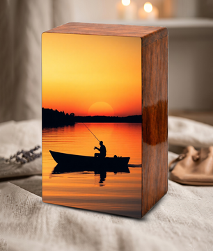 Sunset Fishing Urns For Ashes Male - Fisherman Wooden Box Urn For Dad