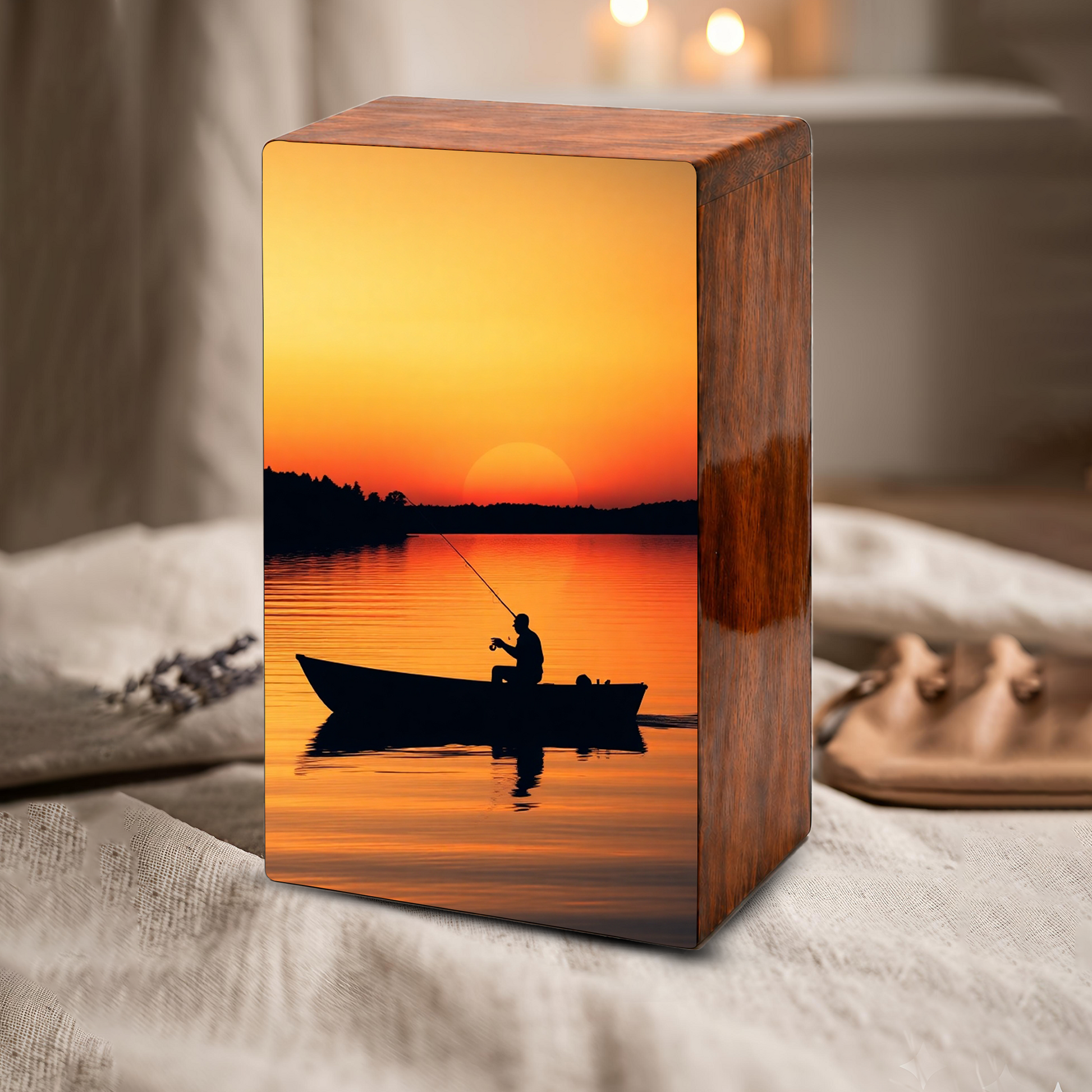 Sunset Fishing Urns For Ashes Male - Fisherman Wooden Box Urn For Dad